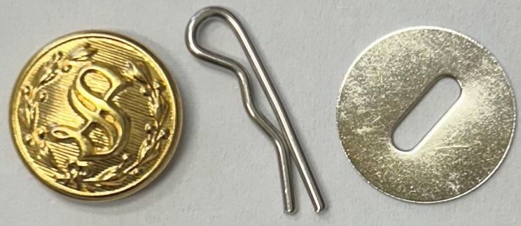 S UNIFORM SHIRT BUTTON BRASS SET = 1 SMALL BRASS S UNIFORM BUTTON, 1 DISC & 1 COTTER PIN.